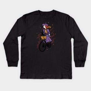 Cute Cartoon Witch Riding a Bicycle Kids Long Sleeve T-Shirt